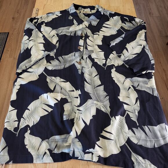 Tommy Bahama XXXL 100% Silk Black Green Botanical Print Collared Button Down - Picture 2 of 11